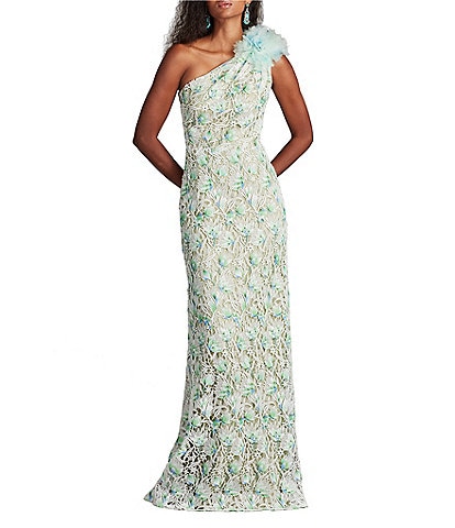 Tadashi Shoji Floral Embroidered Lace Asymmetrical Neck Pom-Pom Shoulder Sheath Gown