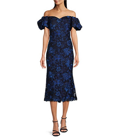 Tadashi Shoji Floral Lace Embroidered Sweetheart Off The Shoulder Neck Short Puff Sleeve Fit And Flare Midi Dress