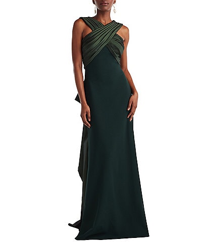 Tadashi Shoji Halter Mix Media Floral Applique Train Sheath Gown