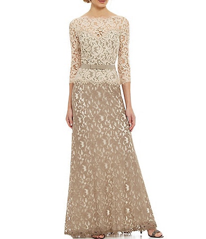 Tadashi Shoji Illusion Boat Neck 3/4 Sleeve Two Tone Floral Lace Scallop Hem Belted Gown