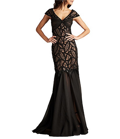 Tadashi Shoji Lace Chenille Embroidered Off-The-Shoulder V-Neck Cap Sleeve Sheath Gown