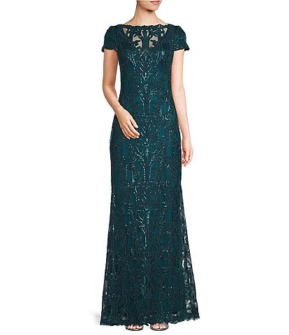 Tadashi Shoji Lace Illusion Boat Neck Short Sleeve Gown