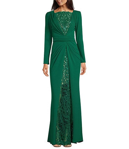 Tadashi Shoji Long Sleeve Boat Neck Sequin Lace Ruched Gown