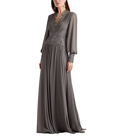 Tadashi Shoji Long Sleeve Chiffon Sequin A Line Gown