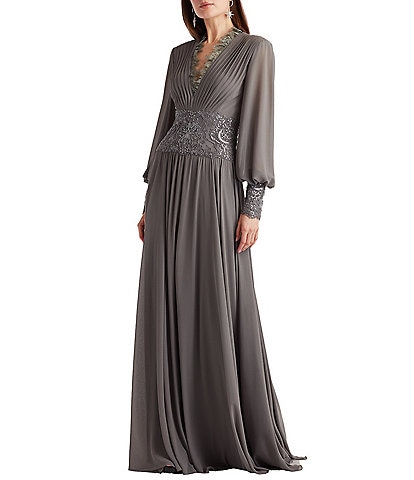 Tadashi Shoji Long Sleeve Chiffon Sequin A Line Gown