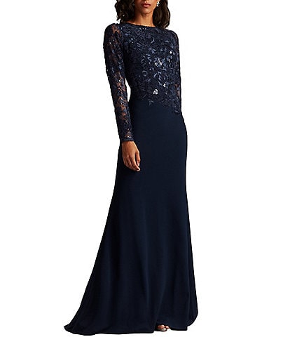 Tadashi Shoji Long Sleeve Embroidered Lace Illusion Sleeve Gown