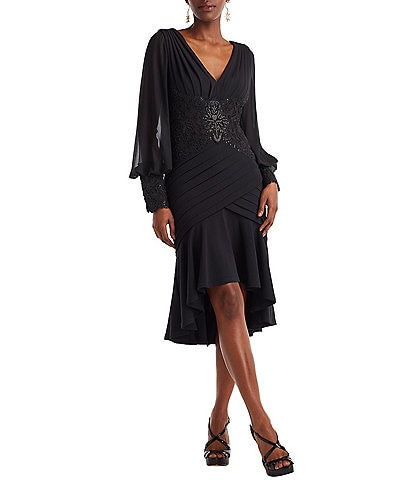 Tadashi Shoji Long Sleeve Shutter Pleat High Low Crepe Lace Sheath Dress