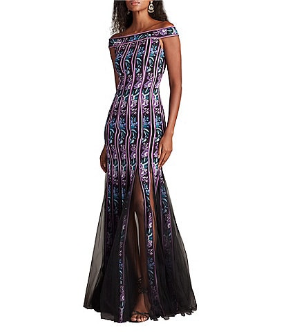 Tadashi Shoji Off The Shoulder Floral Print Chiffon Ribbon Mermaid Gown