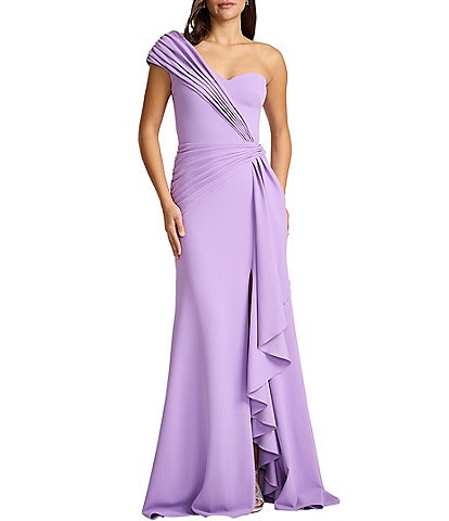 Tadashi Shoji One Shoulder Contrast Drape Front Crepe Sheath Gown
