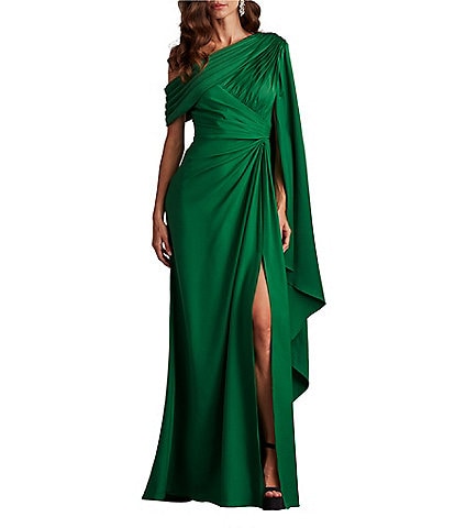 Tadashi Shoji One Shoulder Scarf Sleeve Side Twist Crepe Sheath Gown