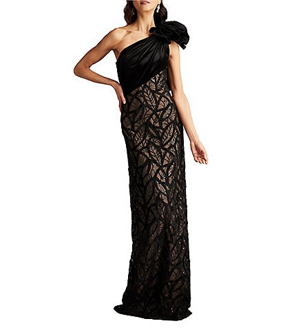 Tadashi Shoji One Shoulder Velvet Flower Chenille Embroidered Lace Gown