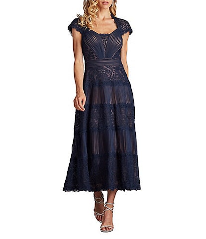 Tadashi Shoji Pleated Lace Scoop Neck Cap Sleeve Embroidered A-Line Gown