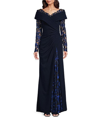 Tadashi Shoji Portrait Collar Lace Inset Crepe A-Line Gown