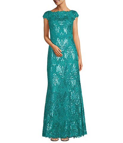 Tadashi Shoji Sequin Embroidered Laceboat Neck Cap Sleeve Gown