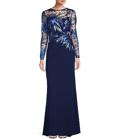 Tadashi Shoji Sequin Embroidered Stretch Crepe Illusion Crew Neck Long Sleeve Gown