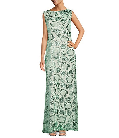 Tadashi Shoji Floral Sequin Lace Boat Neck Sleeveless Gown