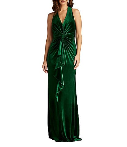 Tadashi Shoji V-Neck Ruched Ruffle Front Sleeveless Velvet Gown