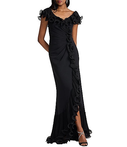 Tadashi Shoji V-Neck Ruffle Front Crepe Gown