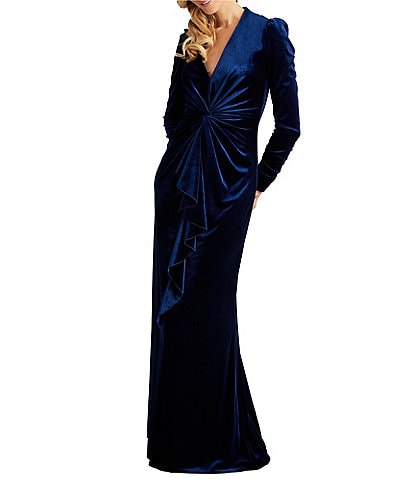 Tadashi Shoji Velvet Deep V-Neck Long Sleeve Front Twist Sheath Gown