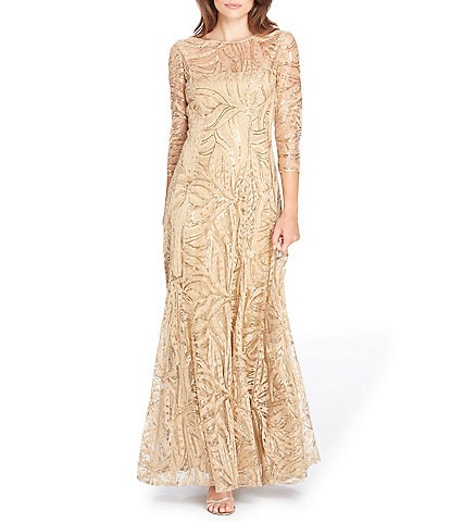 Tahari ASL Boat Neck 3/4 Sleeve Embroidered Sequin Lace Mermaid Gown