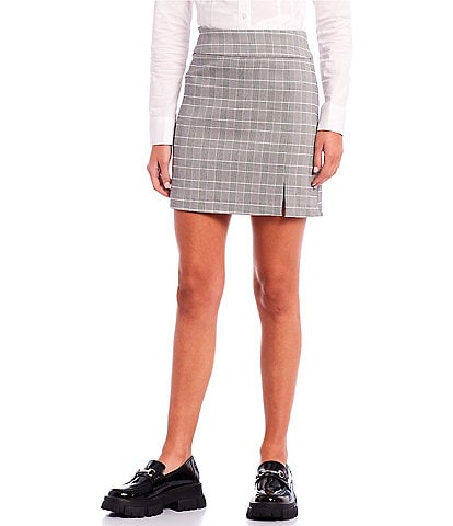 Takara Mid Rise Plaid Slit-Front Pencil Skirt