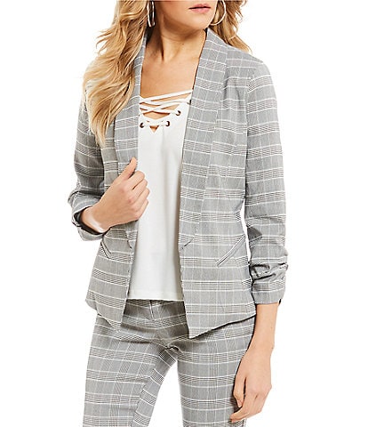 Takara Ruched-Sleeve Coordinating Menswear Suit Separates Plaid Blazer