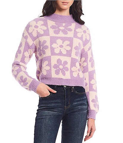 Takara Turtleneck Long Sleeve Pull-On Floral Colorblock Jacquard Sweater