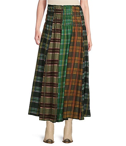 Talisman Balmoral Highlands Check Plaid Print Viole Shirred Yoke Float Maxi Skirt