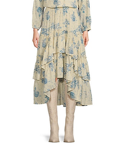 Talisman Bluebell Print High-Low Tiered Ruffled Hem Sassy Midi Skirt