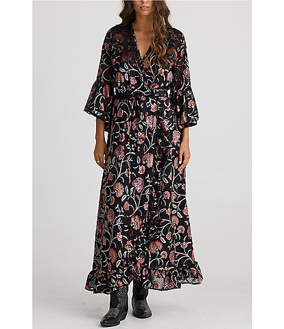 Talisman Carly Floral Velvet V-Neck 3/4 Fluted Sleeve Wrap Midi Dress