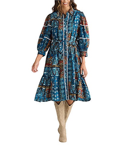 Talisman Castella Patchwork Button Down Collar Long Sleeve Belted Blouson Dress