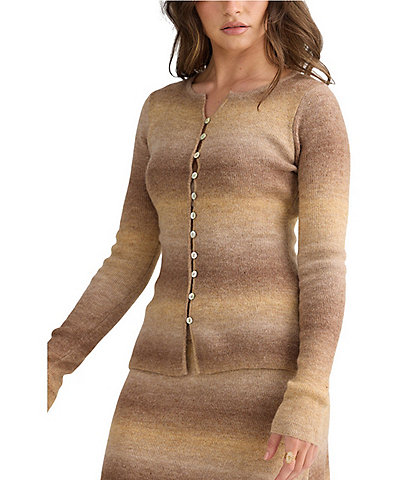 Talisman Essence Wool Blend Ombre Knit Round Neck Long Sleeve Button Closure Coordinating Top