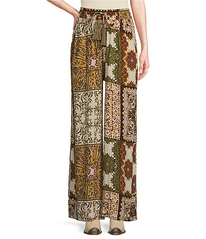 Talisman Freedom Paisley Gardens Crepe Elastic Tie Waist Wide Leg Coordinating Pants