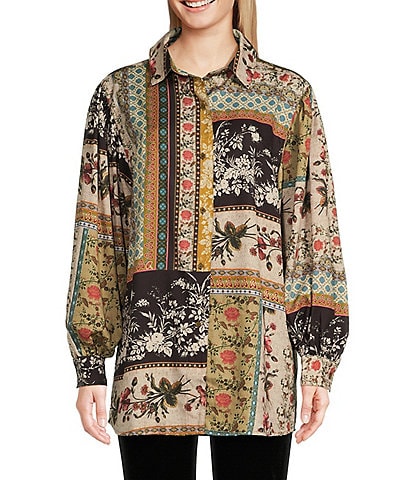 Talisman Freedom V-Neck Long Bishop Sleeve Oversized Tapestry Print Shirt