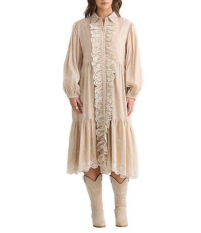 Talisman Garden Party Embroidered Eyelet Shirt Collar Long Sleeve Blouson Dress