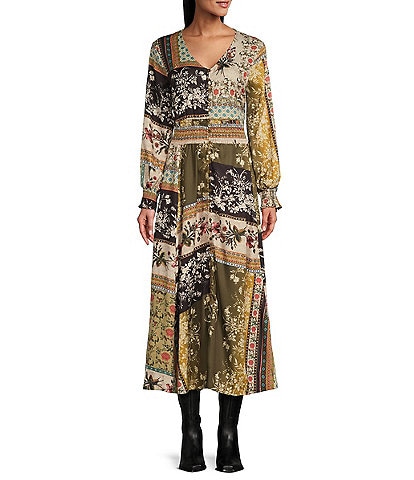 Talisman Halcyon V-Neck A-Line Smocked Tapestry Print Maxi Dress