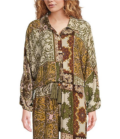 Talisman Hazel Paisley Garden Woven Point Collar Button Front Long Batwing Sleeve Shirt