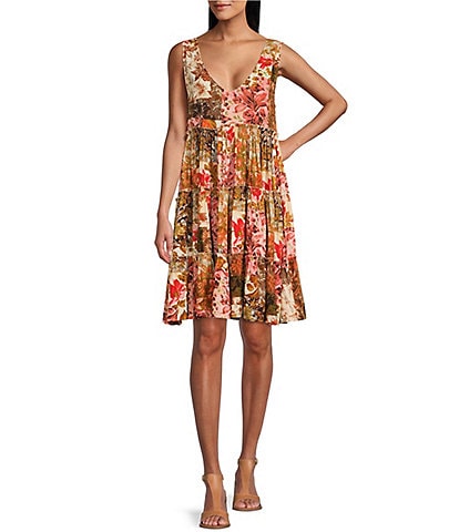 Talisman Lucky Charm Enchanted Patchwork Print V-Neck Tiered Swing Dress