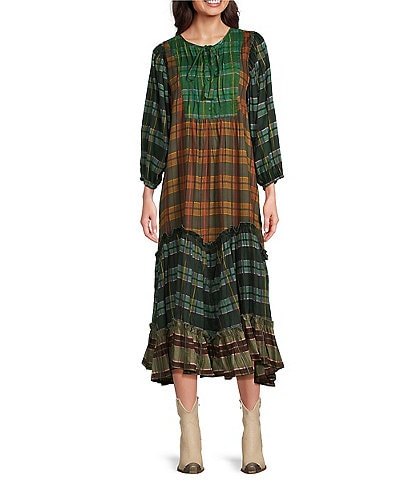 Talisman Sabrina Highlands Check Plaid Print Voile Round Tie Neck 3/4 Balloon Sleeve Midi Dress