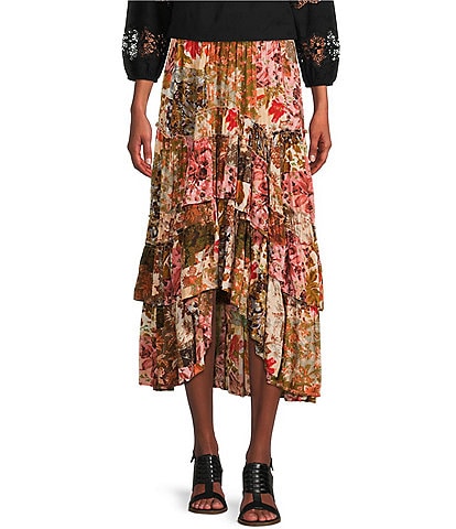 Talisman Sassy Floral Patchwork Print High-Low Tiered Ruffled Hem Skirt