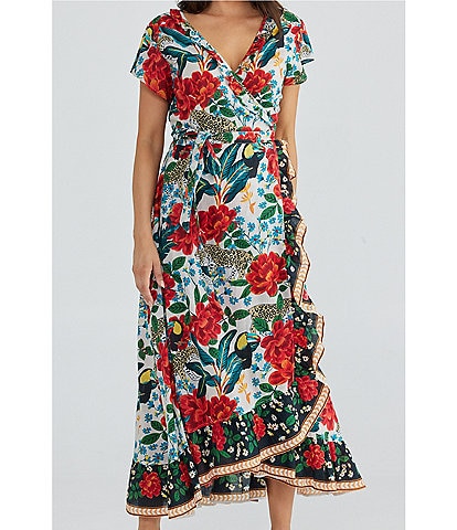 Talisman Toledo Floral Print V-Neck Short Sleeve Ruffle Hem Palm Springs Wrap Dress
