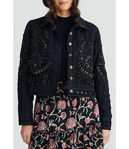 Talisman Torero Beaded Embellished Design Point Collar Button Front Denim Jacket