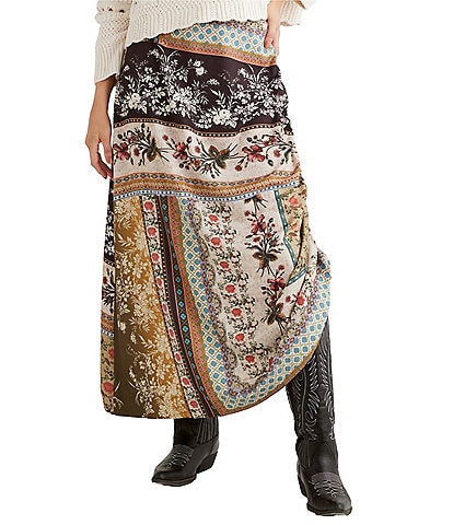Talisman Trixie Crepe Shift Side Adjustable Drawstring Tapestry Print Maxi Skirt