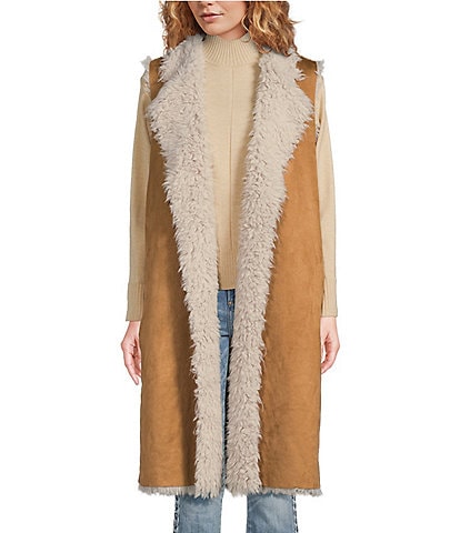 Talisman Wanderer Faux Suede Faux Fur Lined Open Front Long Vest