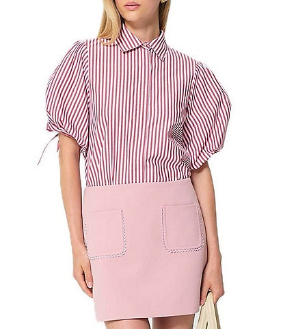 Tara Jarmon Caly Striped Point Collar Short Sleeve Button Front Blouse