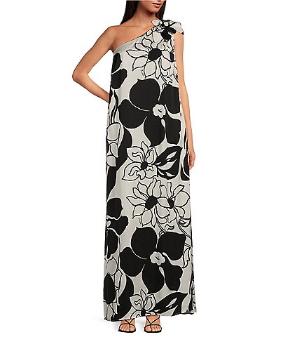 Tara Jarmon Rekia Woven Floral Print Asymmetrical One Shoulder With Flower Maxi Shift Dress