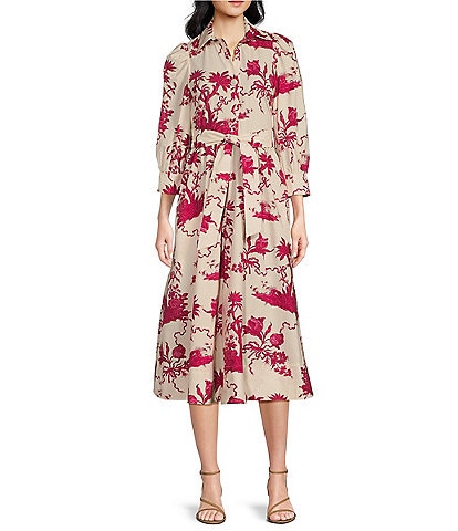 Tara Jarmon Rivoltine Woven Floral Print Point Collar 3/4 Balloon Sleeve Belted Midi Shirt Dress