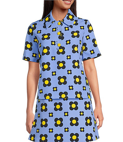 Tara Jarmon Tania Coordinating Geometric Daisy Print Horizon Point Collar 3 Button Placket Short Sleeve Shirt