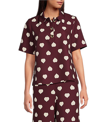 Tara Jarmon Tania Woven Heart Pattern Print Point Collar Short Sleeve Button Front Shirt