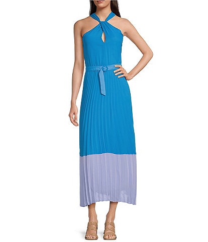 Taylor Color Block Keyhole Halter Neck Sleeveless Belted Pleated Dress